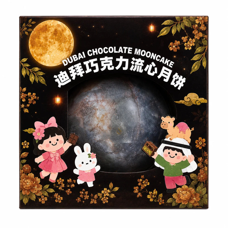 创意星球月饼迪拜巧克力开心果口味，黑色包装盒印有骆驼和卡通人物，中心镂空展示灰色星球造型内盒。