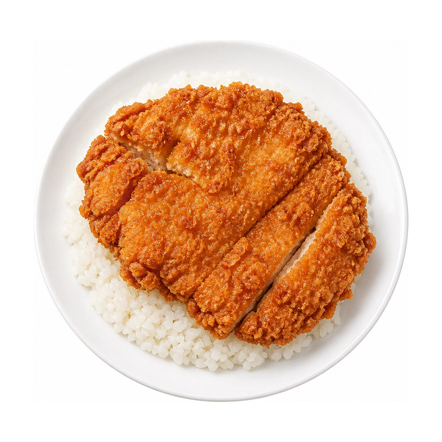 俯拍视角下的一份香酥大排饭，金黄酥脆的厚切炸猪排铺在白米饭上，背景为纯白色圆盘。