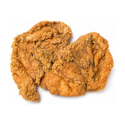 两片金黄酥脆的香酥大排，表面裹满均匀的炸粉颗粒，呈现诱人的焦黄色泽，白色背景俯拍图。