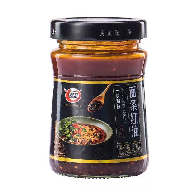 翠宏面条红油 200g 瓶装正面图，红亮浓稠的川渝拌面酱