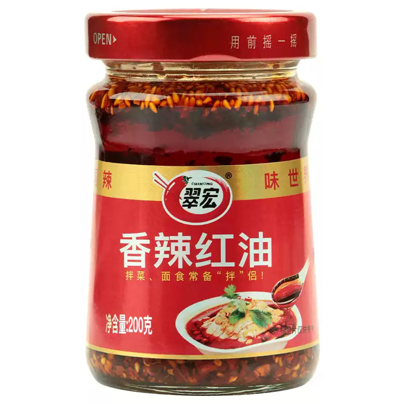 翠宏香辣红油 200g 瓶装正面图，标签清晰展示品牌与香辣口味选项