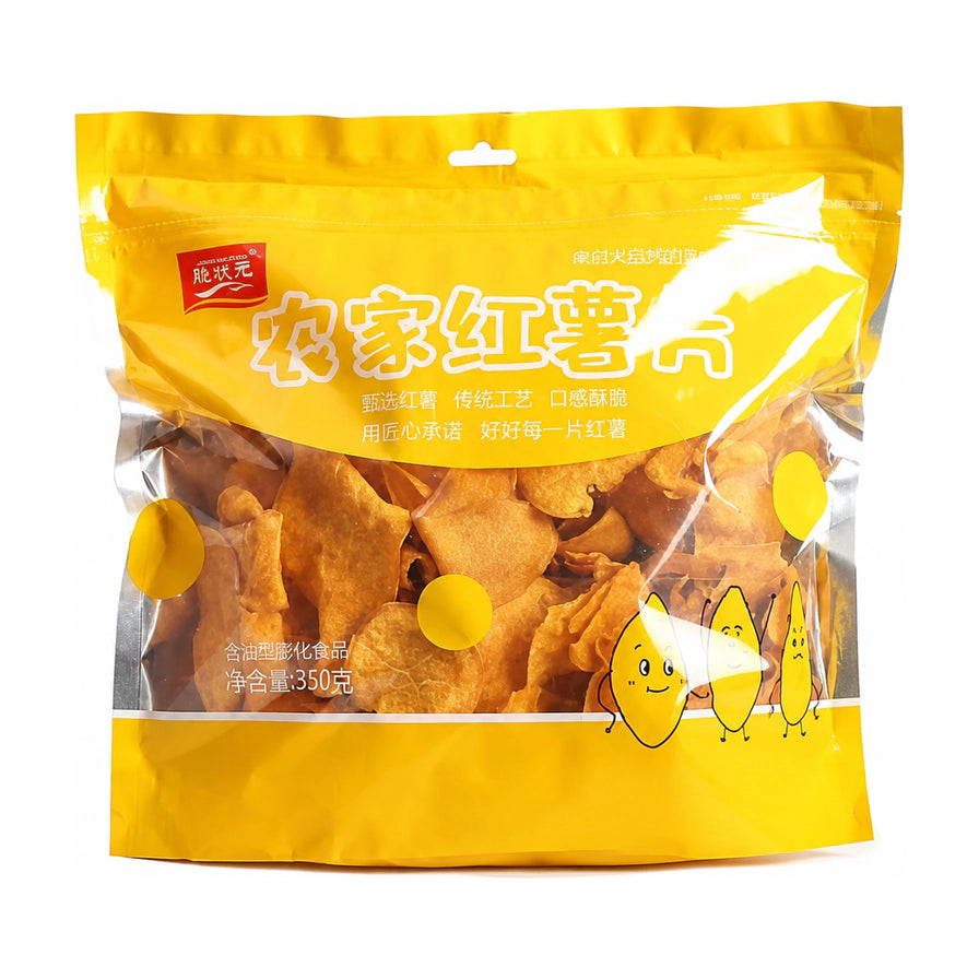脆状元农家红薯片350g大包装，黄色密封袋装，正面印有农家红薯片字样及卡通红薯形象，透明开窗可见内部酥脆红薯片。