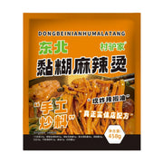 村驴家东北黏糊麻辣烫包装正面，展示浓郁挂汁的面条、手工炒料和现炸辣椒油卖点，净含量458克。
