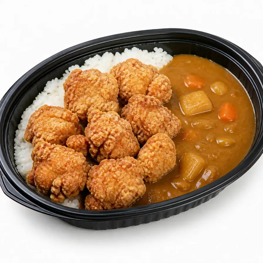 黑色椭圆形便当盒内盛放着白米饭、金黄酥脆的炸鸡块以及浓郁的咖喱酱汁，咖喱中可见土豆和胡萝卜块，俯视视角，白色背景。