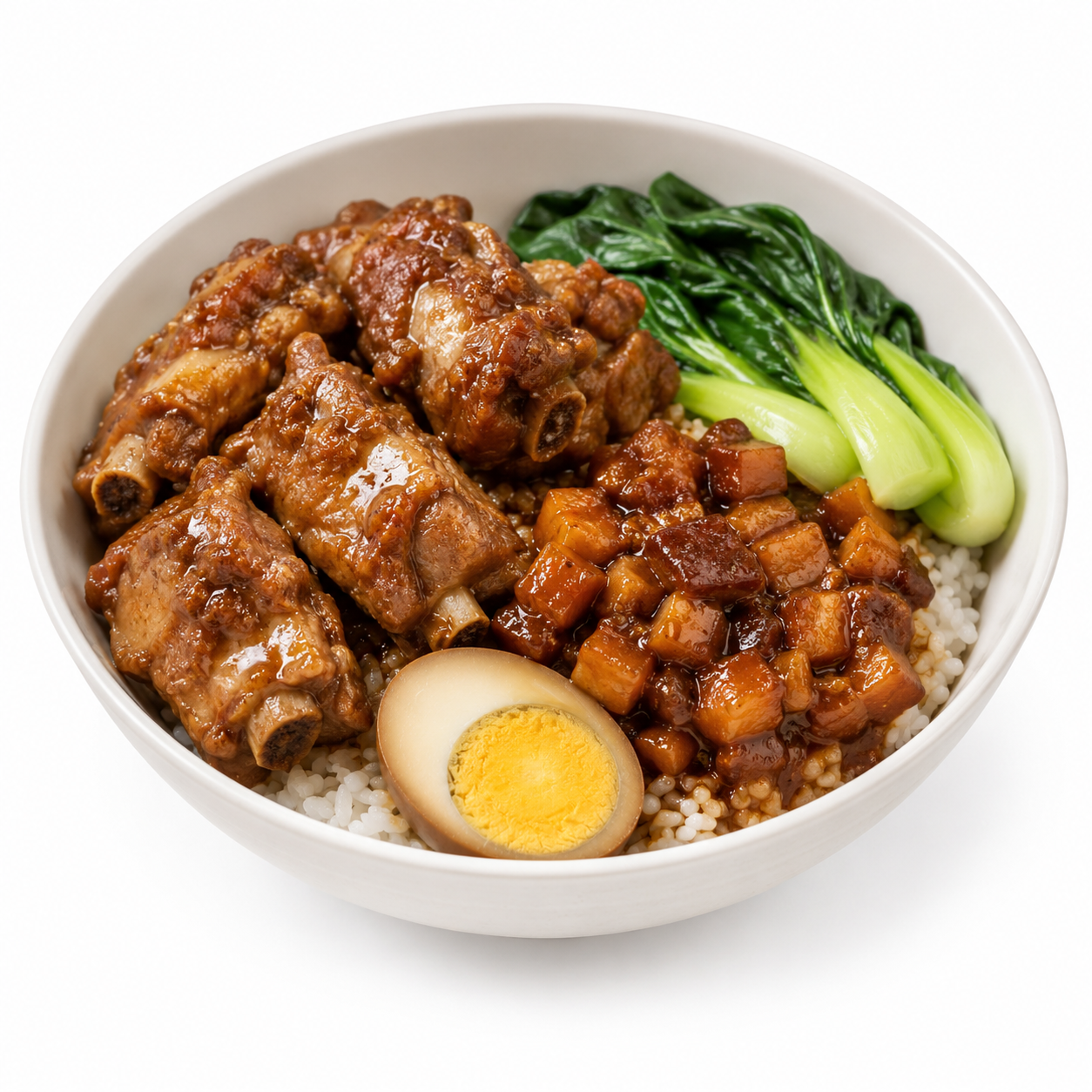 港式雙拼燒味飯，排骨卷肉配卷肉蛋及青菜