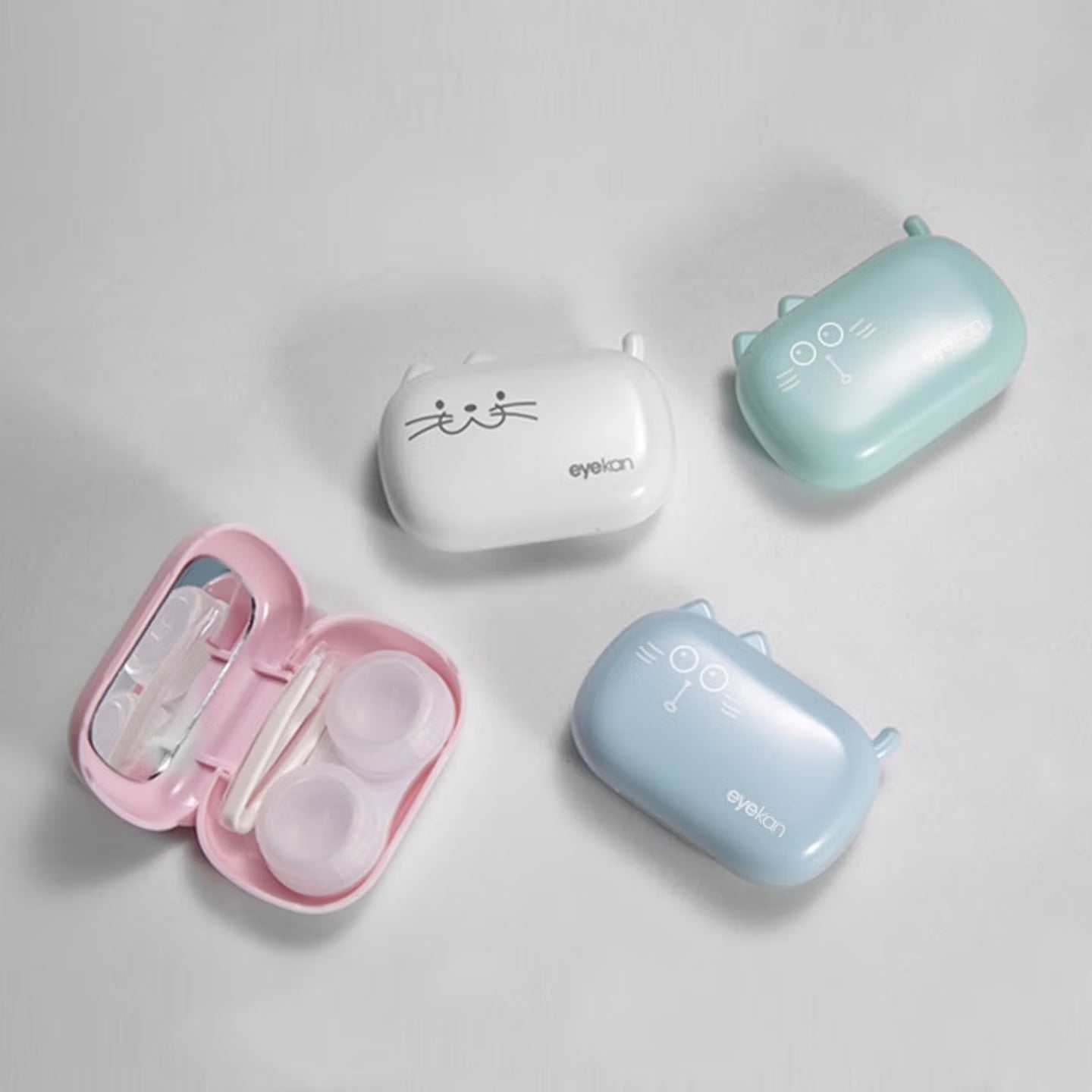 可爱猫咪造型隐形眼镜伴侣盒白色粉色蓝色带镜子镊子收纳盒