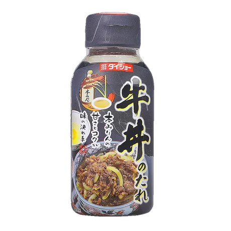 Daisho 牛肉盖饭汁玻璃瓶正面图，标签展示吉野家风味日式牛丼调料信息。