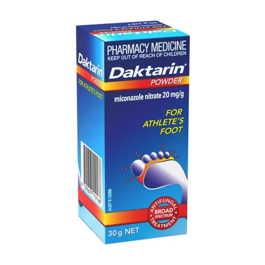 蓝色达克宁粉剂纸盒包装，正面可见 Daktarin、miconazole nitrate 20 mg/g 和 for athlete's foot 字样