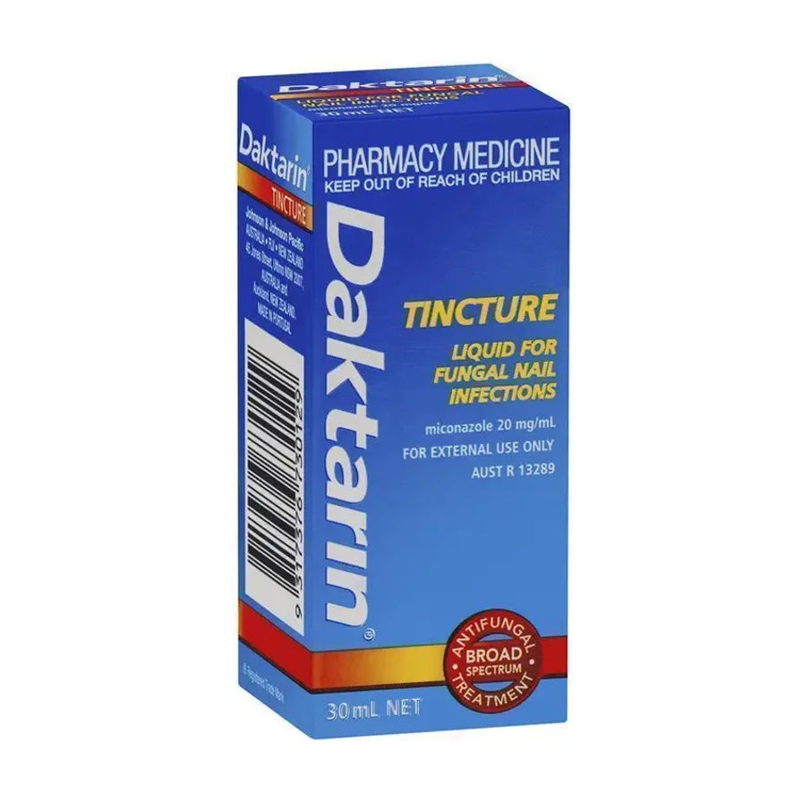 蓝色 Daktarin 灰指甲治疗液包装盒正面，盒身可见 TINCTURE、LIQUID FOR FUNGAL NAIL INFECTIONS、30mL NET 等英文
