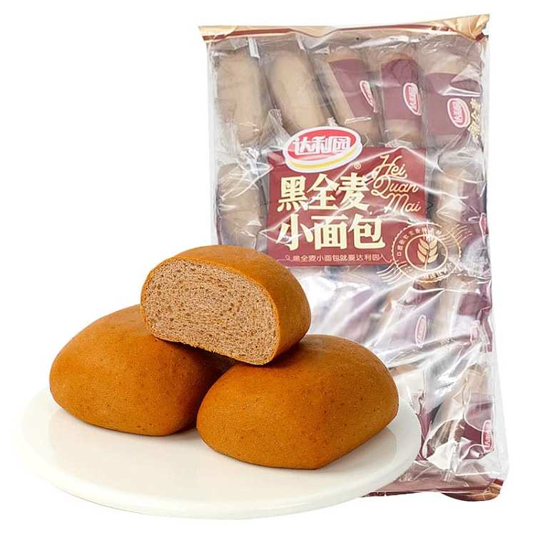 达利园黑全麦小面包独立包装展示，可见内部多个小袋装面包整齐排列