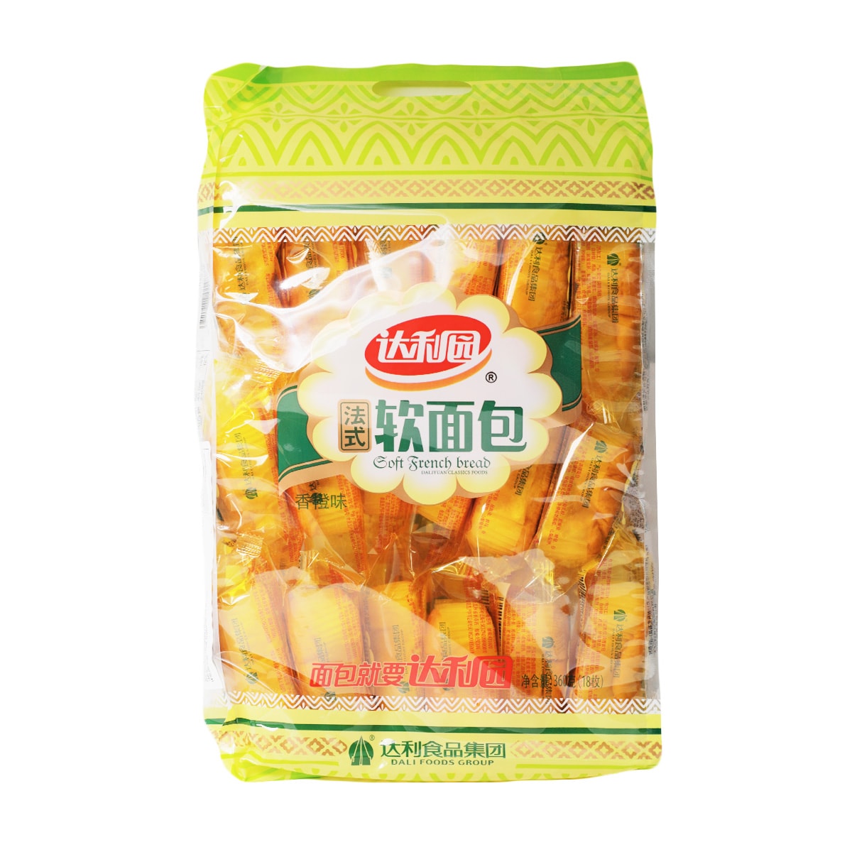 达利园法式小面包独立包装展示，金黄色外皮与松软质感特写