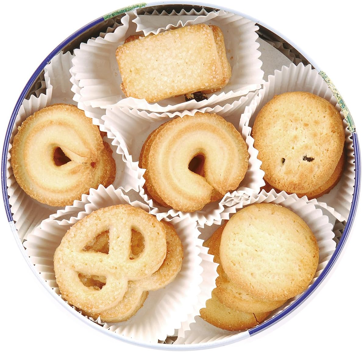 Danisa 皇冠丹麦曲奇开盖特写，展示五种不同形状的黄油饼干