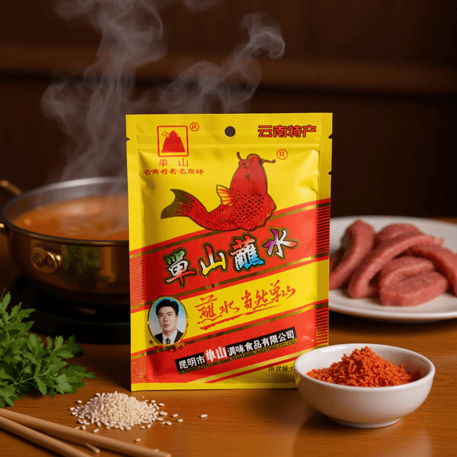 单山蘸水包装袋置于餐桌，背景有冒热气的火锅和食材，前方有一小碗干碟辣椒面。