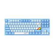 达尔优 A87 Pro 天空蓝三模机械键盘正面俯视图，展示 87 键紧凑布局、PBT 双色键帽及彩虹装饰键。