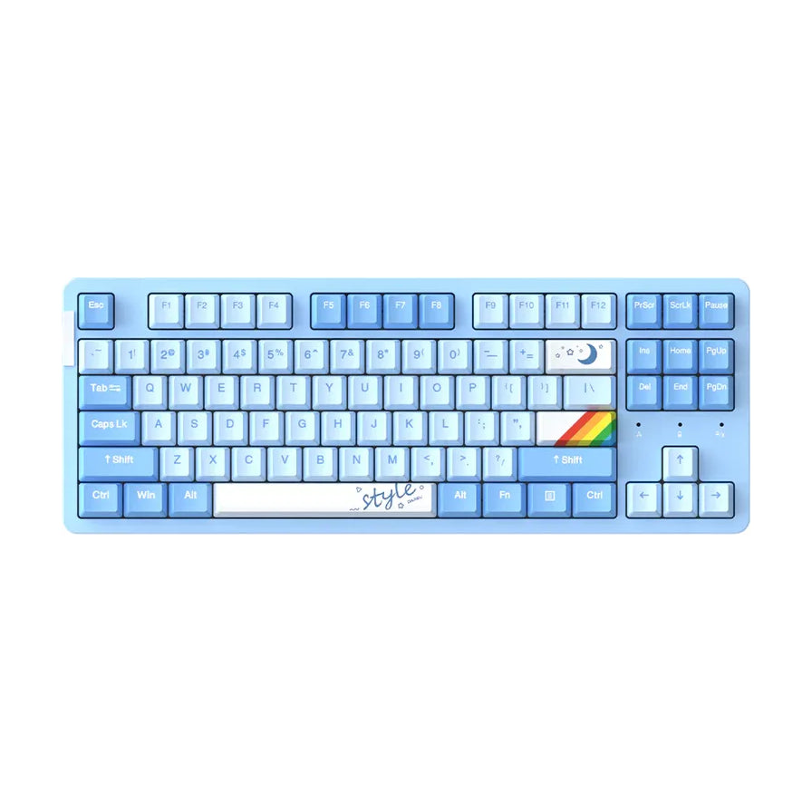 达尔优 A87 Pro 天空蓝三模机械键盘正面俯视图，展示 87 键紧凑布局、PBT 双色键帽及彩虹装饰键。