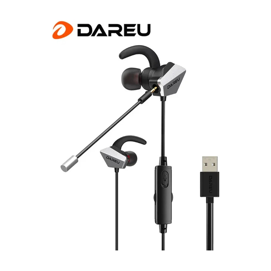 达尔优 DAREU EH728 Pro 游戏耳机，展示入耳式耳机主体、可拆卸长麦克风、线控器及 USB 接口，白色背景。