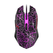 达尔优 EM915 裂纹版 RGB 游戏鼠标俯视图，展示标志性的紫色幻彩裂纹灯效和对称式人体工学设计。