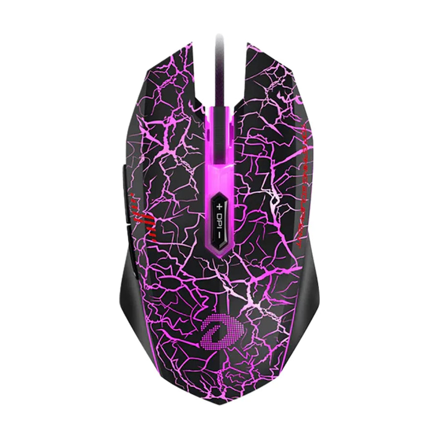 达尔优 EM915 裂纹版 RGB 游戏鼠标俯视图，展示标志性的紫色幻彩裂纹灯效和对称式人体工学设计。
