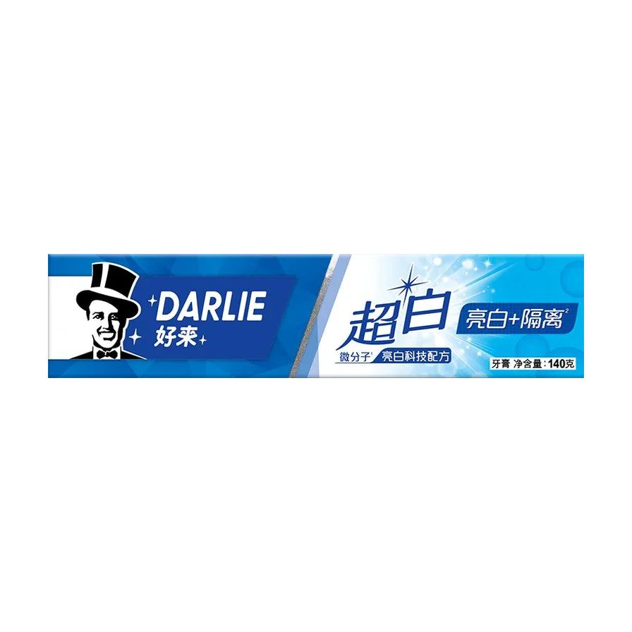 黑人好来超白专研亮白牙膏包装正面，显示净含量140克，采用微分子亮白科技配方。