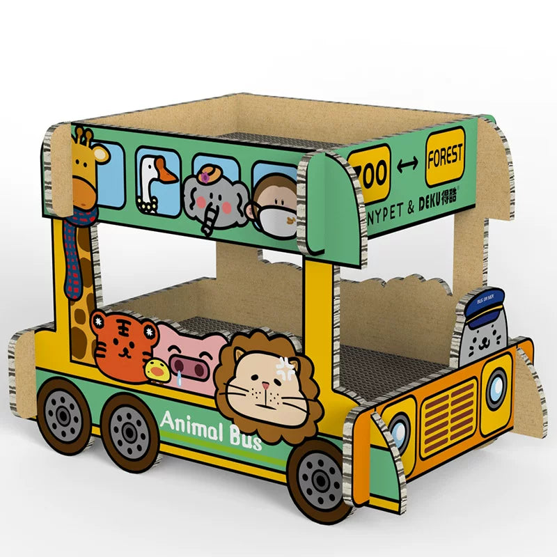 动物巴士双层猫抓板车尺寸图55cm长适合多猫家庭使用