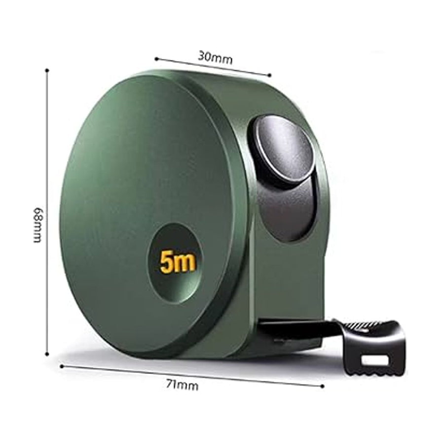 得力绿色卷尺的尺寸标注图，显示高度为 68mm，宽度为 71mm，厚度为 30mm。