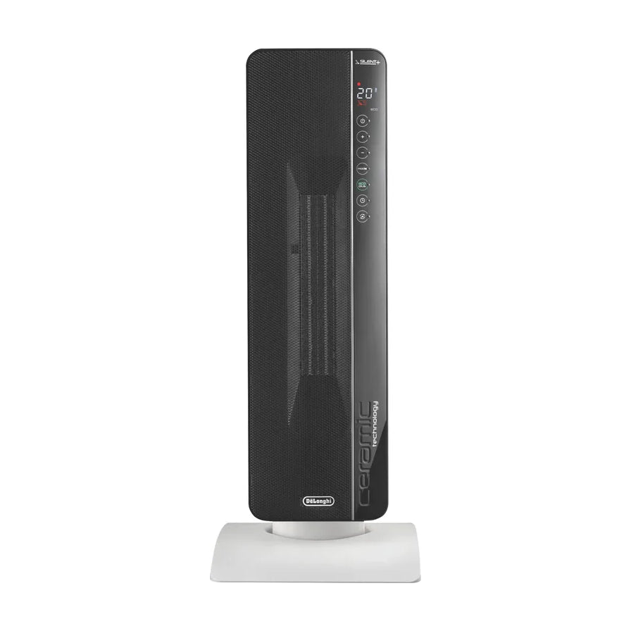 德龙 TCH8993ER 陶瓷电暖器正面图，展示黑色塔式机身、触控面板及白色底座。