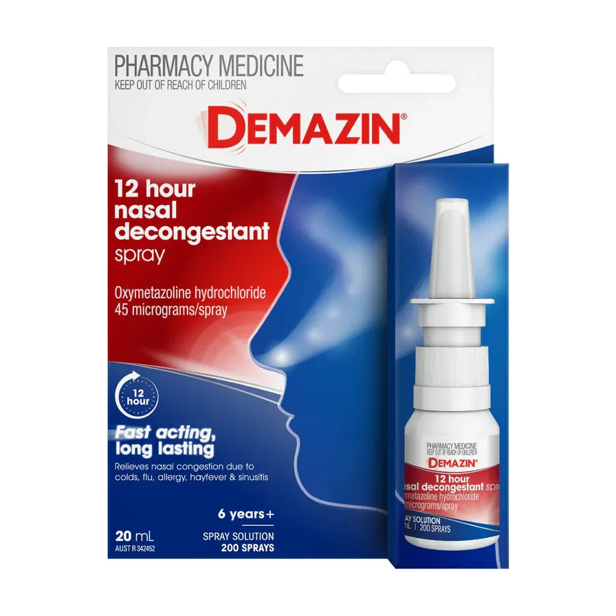 Demazin 12小时鼻塞缓解喷雾正面包装与喷雾瓶，盒身标注20 mL、6 years+、200 sprays