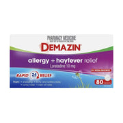 Demazin 过敏药盒正面，白紫蓝配色包装，标有 allergy + hayfever relief、Loratadine 10 mg 和 80 tablets。