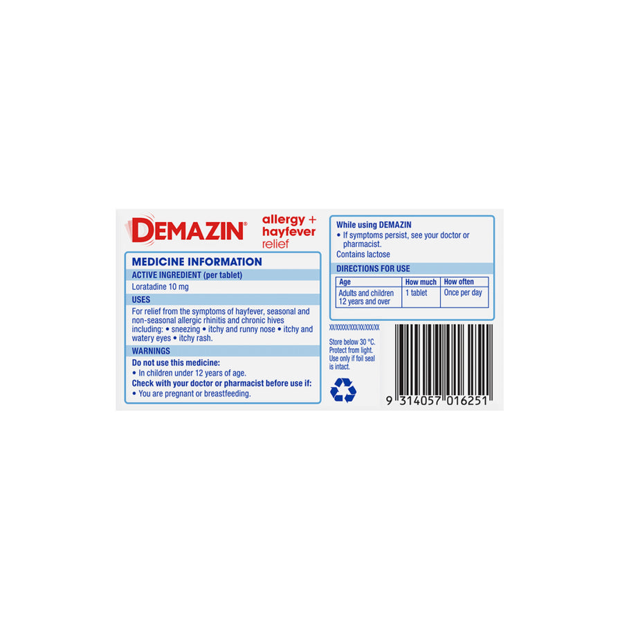 Demazin 过敏药包装背面，含药品信息、用法说明和条形码。