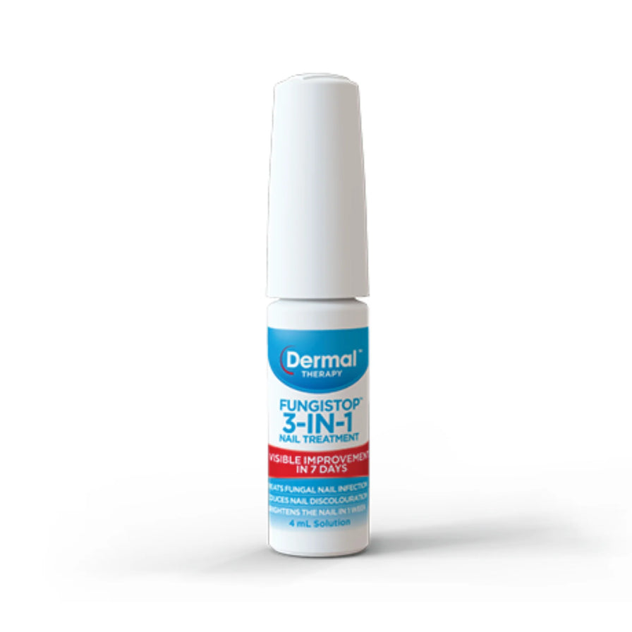 Dermal Therapy 灰指甲治疗液单瓶白底产品图，瓶身标签可见 3 - IN - 1、7 DAYS、4 mL 等文字