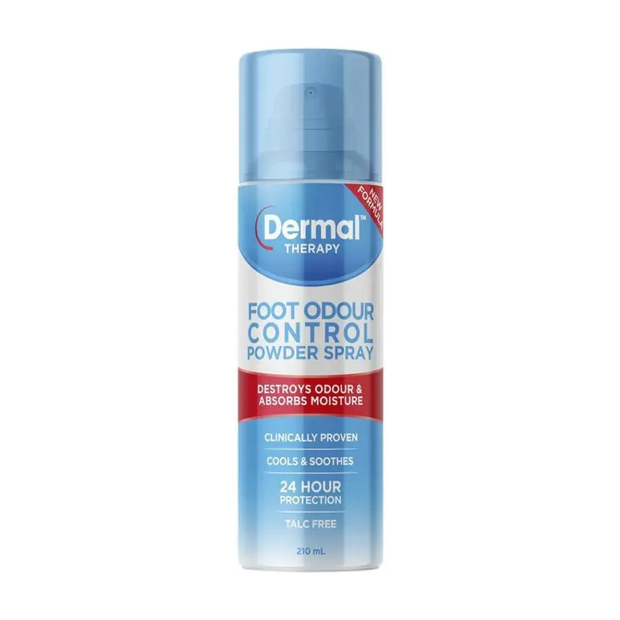 Dermal Therapy 足部除臭喷雾正面图，蓝白色喷雾瓶，瓶身可见 Foot Odour Control Powder Spray 与 210 mL 字样