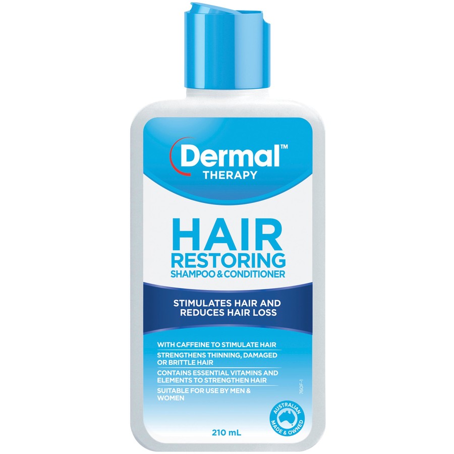 Dermal Therapy 防脱生发洗护二合一洗发水正面产品图，蓝白瓶身设计，清晰展示品牌 Logo、英文功效说明及 210mL 容量标识。