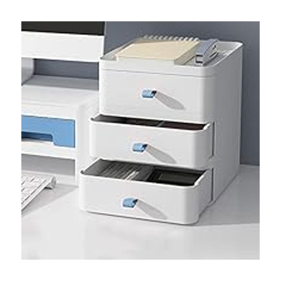 桌面收纳盒使用场景展示，三个抽屉部分拉开，内部存放文具和杂物，顶部放有笔记本。