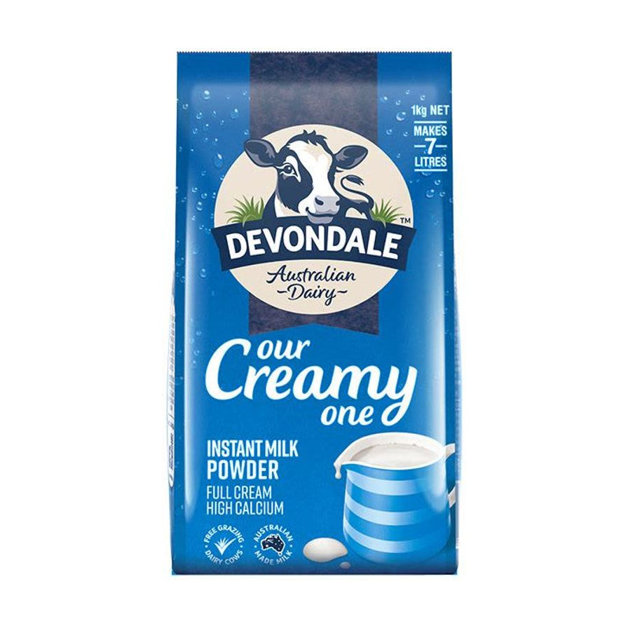 澳洲德运Devondale全脂高钙奶粉1kg袋装正面图，蓝色包装印有奶牛图案。