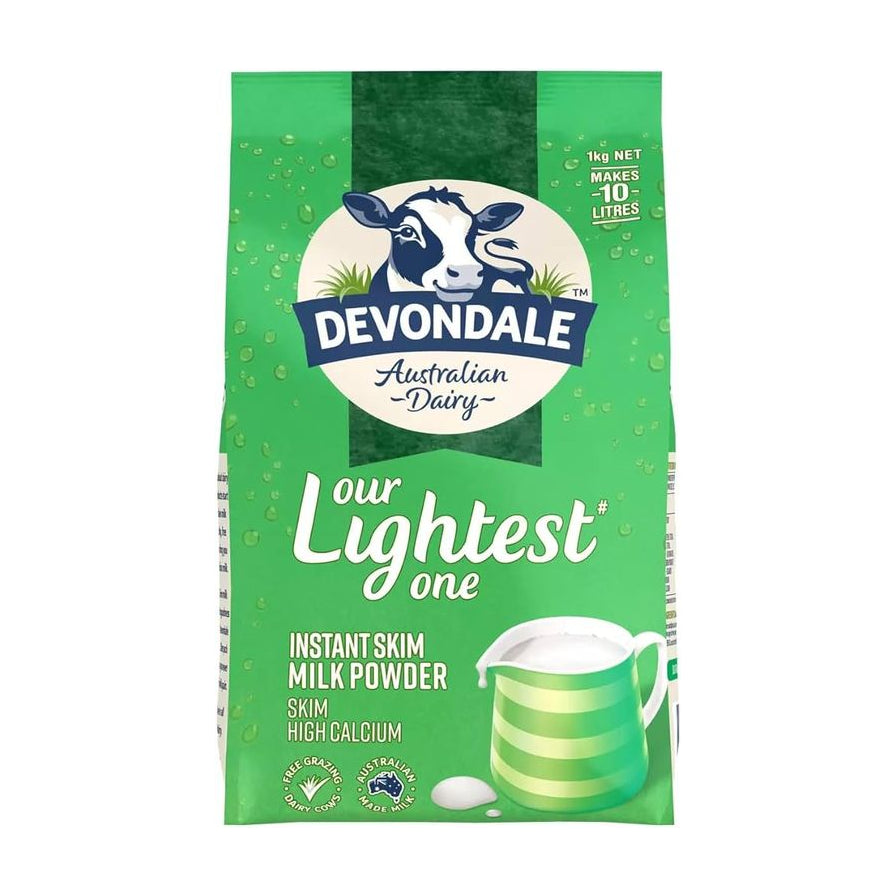 Devondale德运脱脂高钙奶粉1kg袋装正面图，绿色包装印有奶牛标志和Our Lightest One字样。