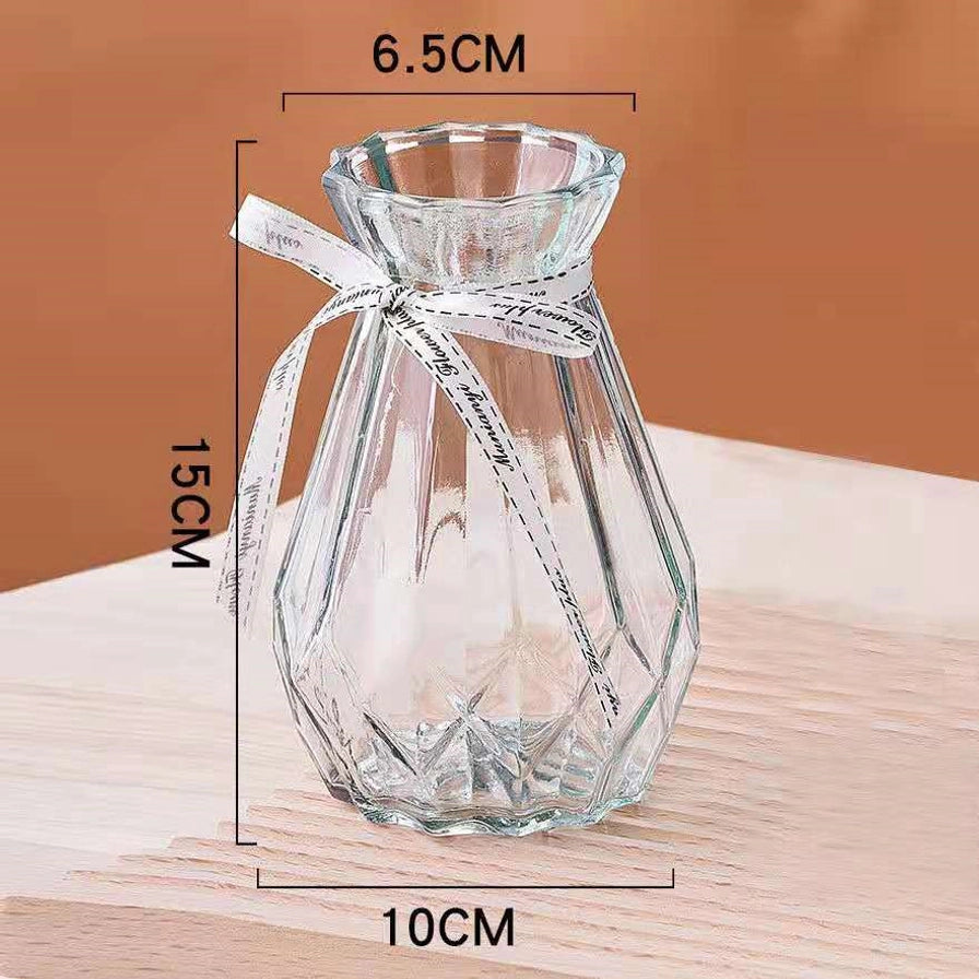 钻石纹透明玻璃花瓶的尺寸标注图，显示高度15cm，瓶口直径6.5cm，底部直径10cm。