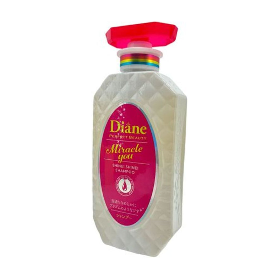 黛丝恩 Diane Perfect Beauty 奇迹光感护色洗发水单瓶，红色瓶盖，粉色标签，透明菱形纹理瓶身侧面视角。