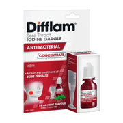 Difflam 喉咙含漱液套装包装图，包含外盒和瓶身，正面展示 15 mL、抗菌、浓缩、薄荷味等字样