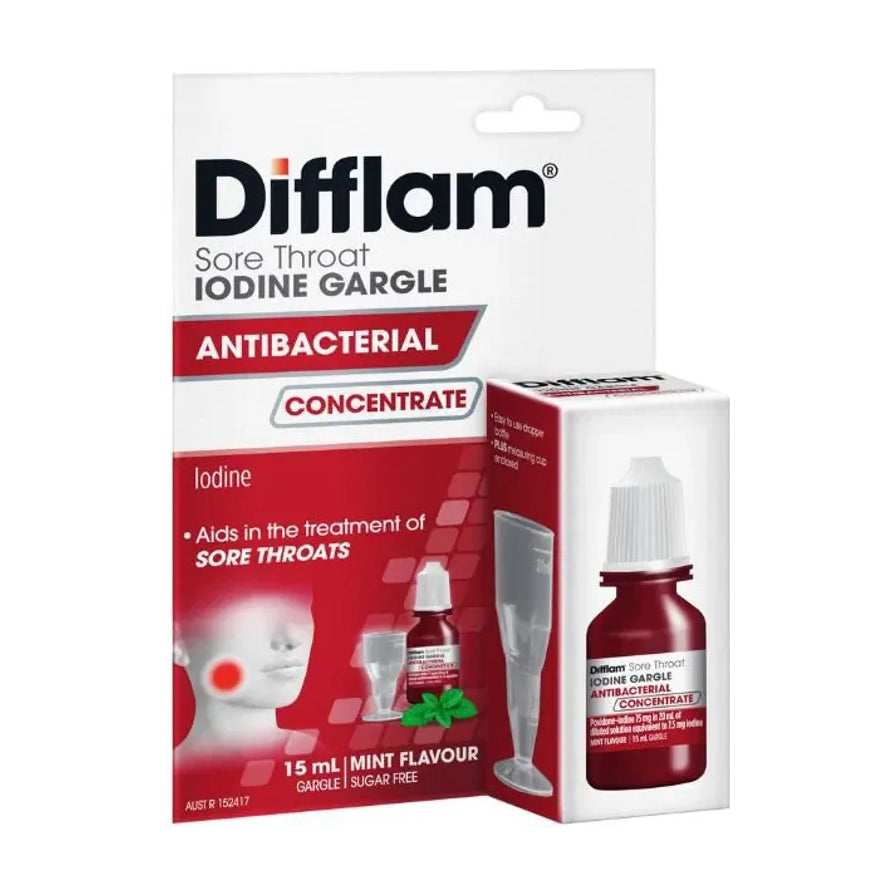 Difflam 喉咙含漱液套装包装图，包含外盒和瓶身，正面展示 15 mL、抗菌、浓缩、薄荷味等字样