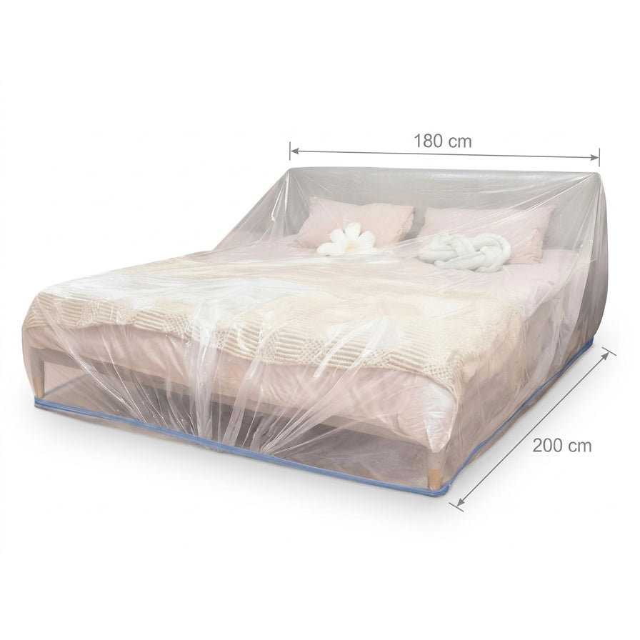 展示一次性床罩覆盖在双人床上的尺寸标注图，宽度显示为180cm，长度显示为200cm。