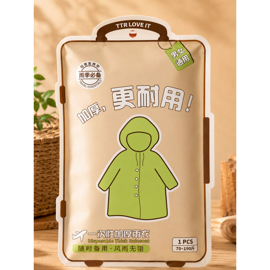 一次性加厚雨衣包装实拍图，背景为温馨的居家环境，展示产品便携式独立小包装设计。