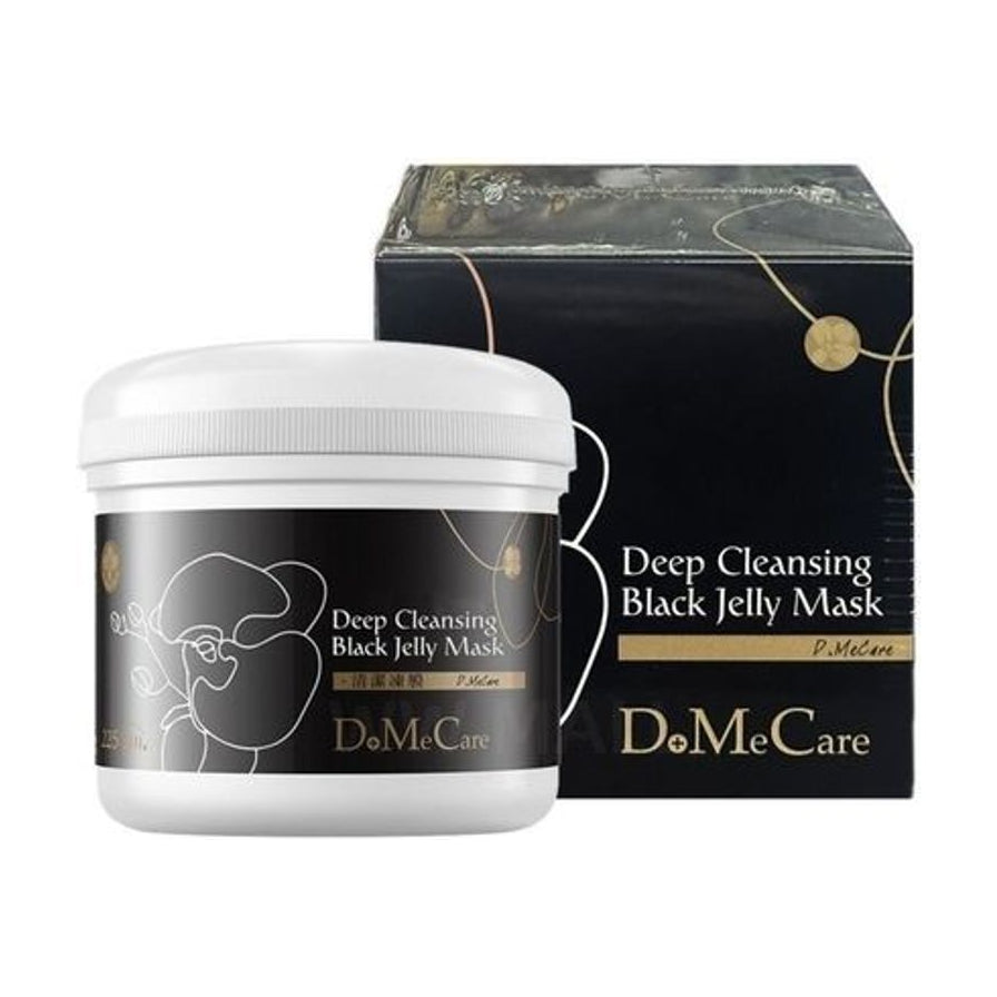 台湾欣兰 DMC 深层清洁黑冻膜 225g 罐装及外包装盒，黑色包装印有白色兰花线条，标注 Deep Cleansing Black Jelly Mask。