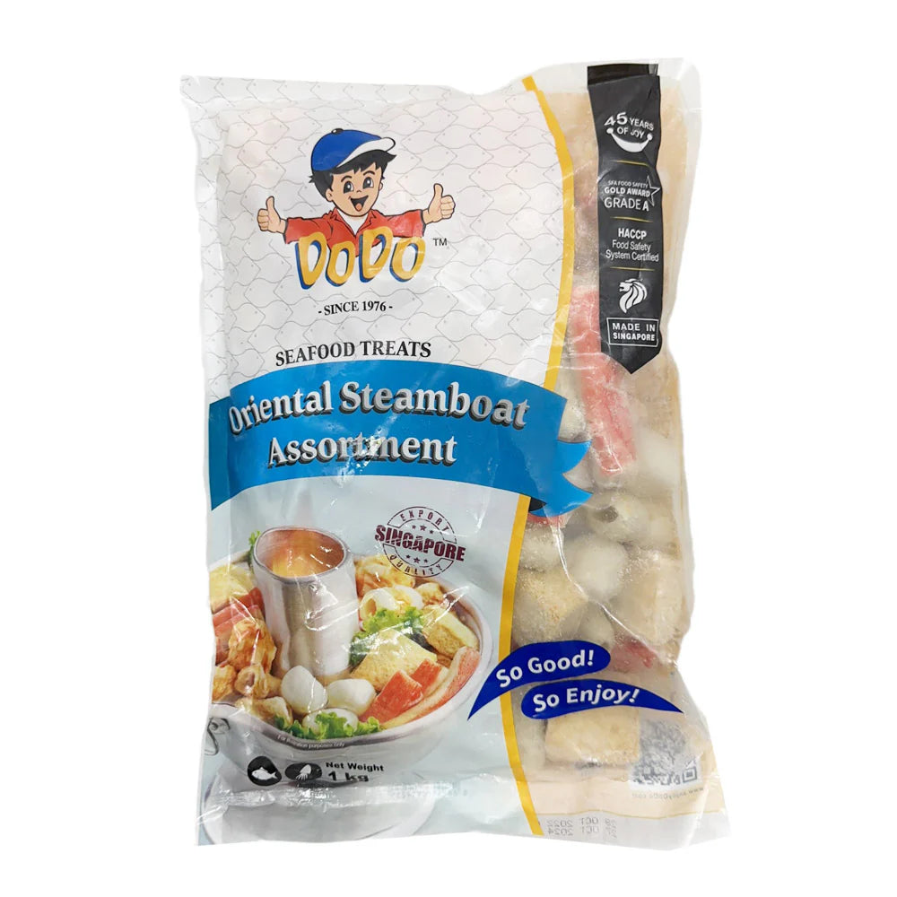 Dodo 多多海鲜一品锅组合 1kg 包装正面，展示新加坡制造火锅丸子拼盘