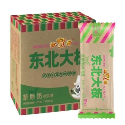 东北大板草原奶冰淇淋五支装正面包装图，展示经典红色品牌标识与奶油色冰棒图案