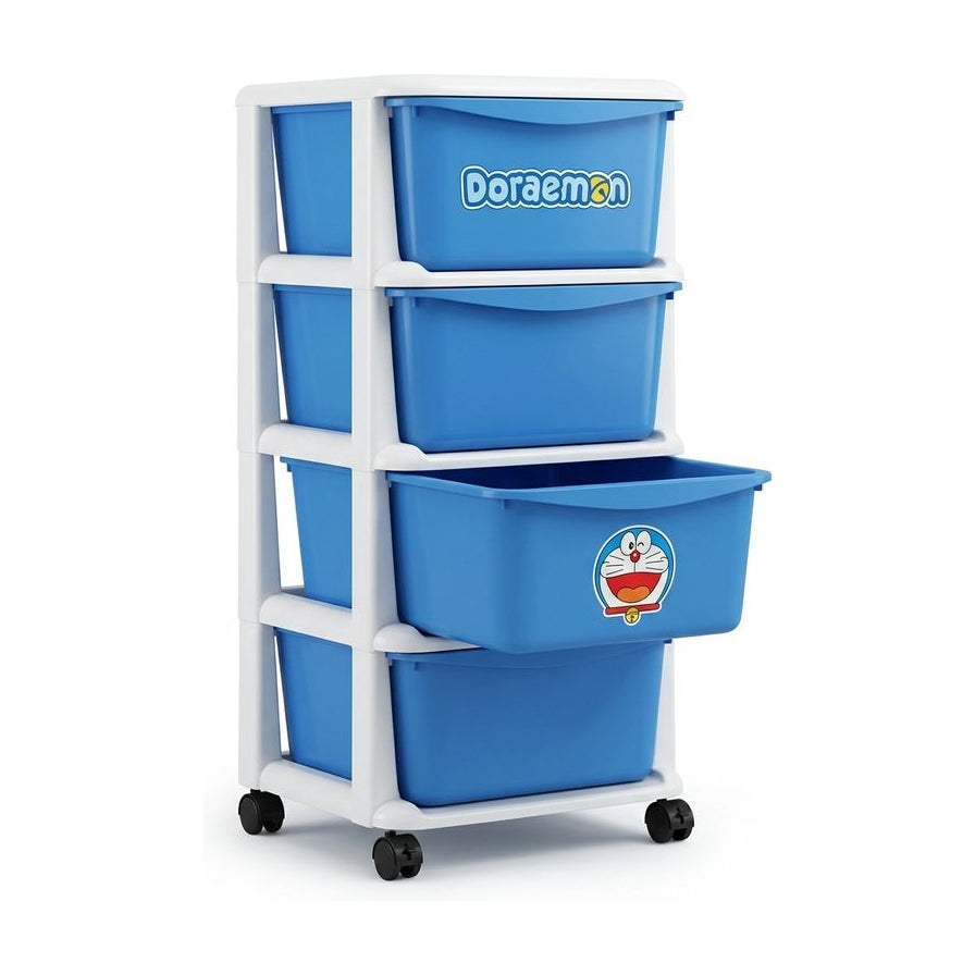 哆啦 A 梦四层收纳架正面图，白色框架配蓝色抽屉，底部带万向轮，白底背景。