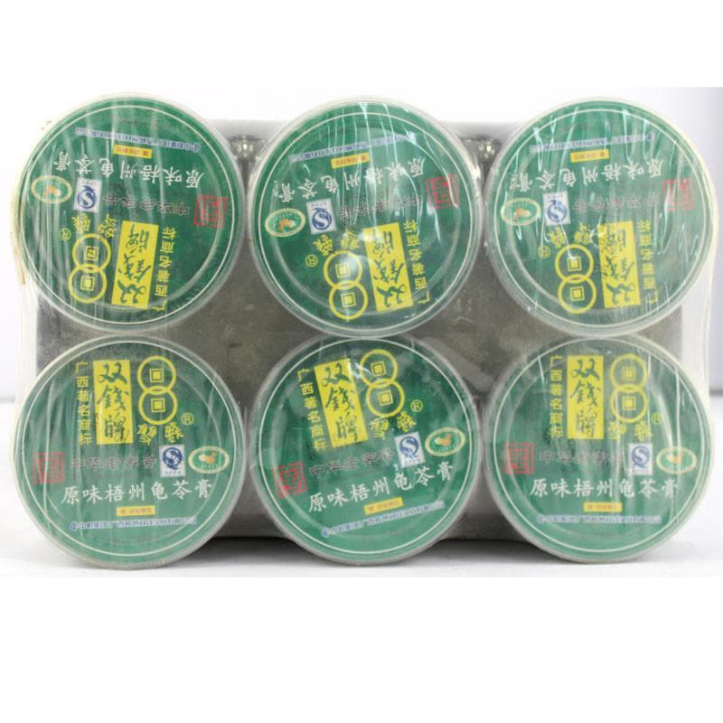 双钱牌原味龟苓膏200g六连碗装，绿色圆碗包装，适合夏季清凉甜品和即食甜品展示。