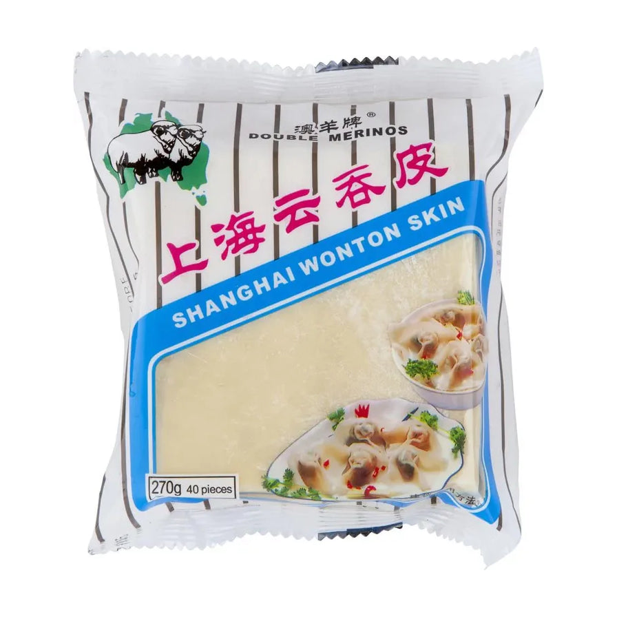 双羊牌上海云吞皮270g包装，白色背景，包装上有双羊标志、上海云吞皮中英文字样及成品云吞示意图。