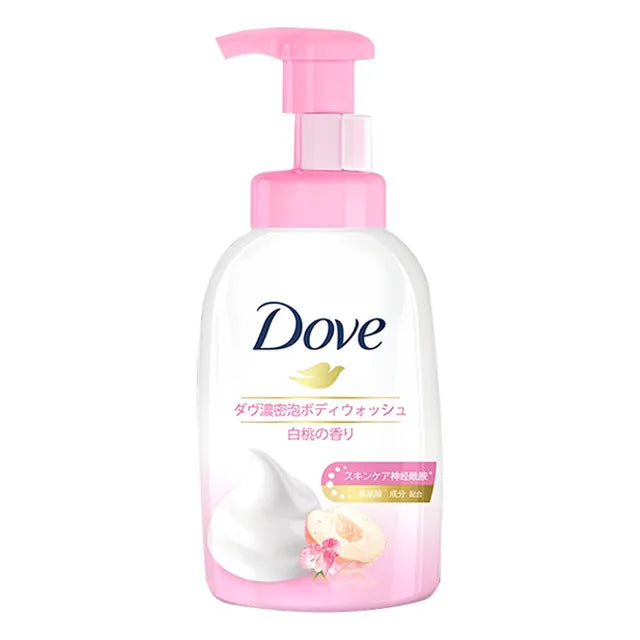 多芬白桃果香泡泡沐浴露正面展示，粉色泵头瓶身印有日文说明与桃子图案。