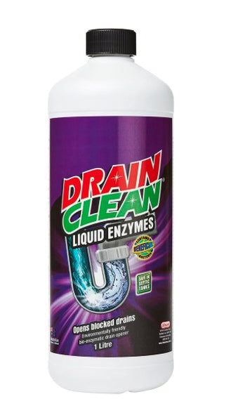 Drain Clean 环保生物酶管道疏通液 1L 瓶身正面图，白色标签展示澳洲原装与分解油脂功能。