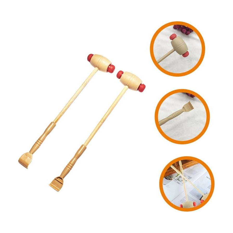 两支二合一多功能捶背抓痒器，展示了按摩锤头和抓痒耙端的细节设计。